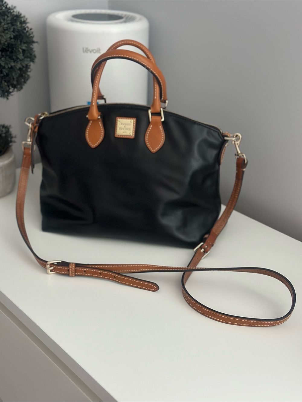 Dooney & Bourke Black Nylon Satchel with Tan Leather Trim